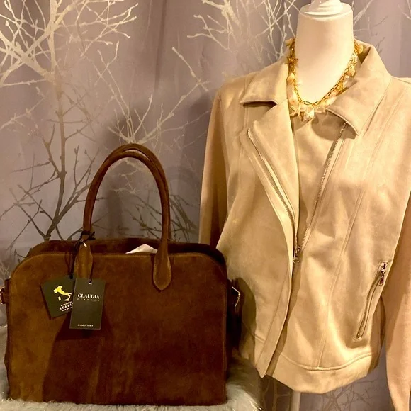 BNWT CLAUDIA FIRENZE Viral Made in Italy Chocolate Brown Suede Satchel Bag - Picture 11 of 15